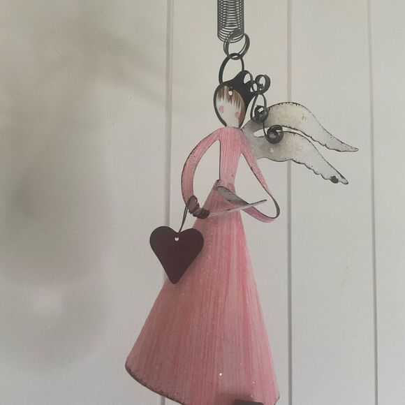 Metal Hanging Angel Figure Pink Dress Wings Heart Friendship Gift 10.5" Long - Picture 2 of 6
